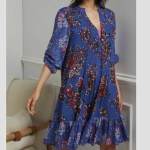 Anthropologie Diana Pintucked Floral Print Purple Tunic Dress Size Small S Boho